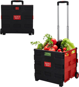 56L Large Folding Rolling Utility Shopping Cart, Black & Red/Green (SKU: KM2449)